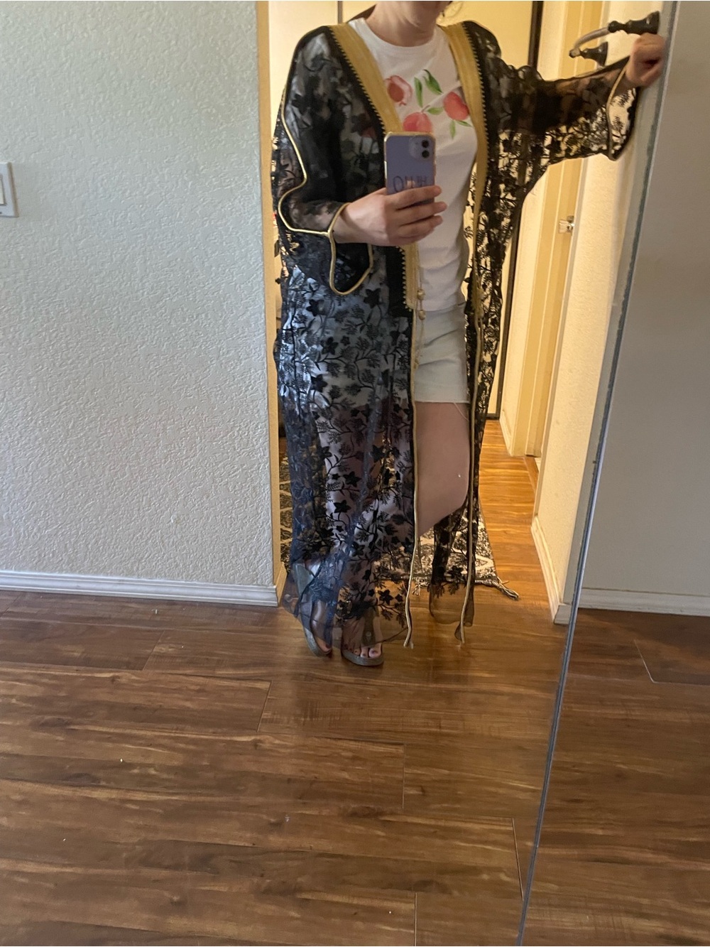 Sheer Black Floral Kimono with Gold Trim
